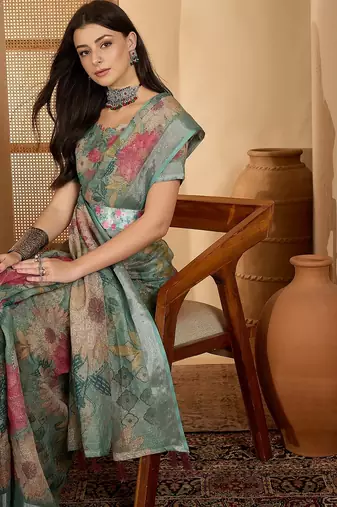 Mint green floral print linen zari saree with belt digital print zari border designer saree