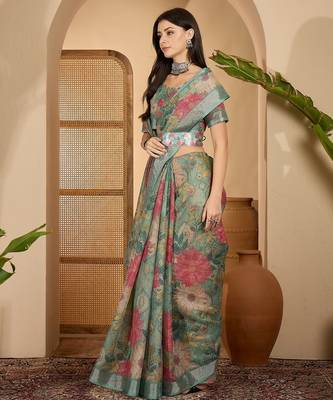 Mint green floral print linen zari saree with belt digital print zari border designer saree 3