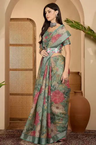 Mint green floral print linen zari saree with belt digital print zari border designer saree