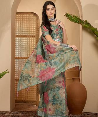 Mint green floral print linen zari saree with belt digital print zari border designer saree 4