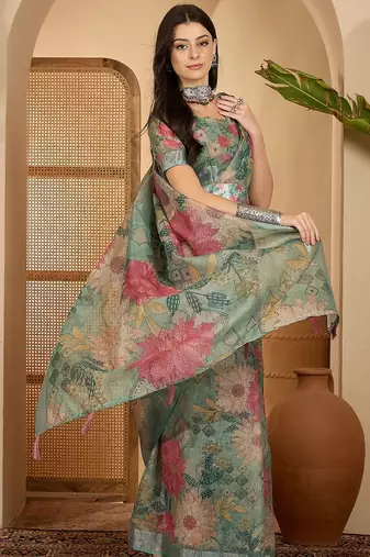 Mint green floral print linen zari saree with belt digital print zari border designer saree