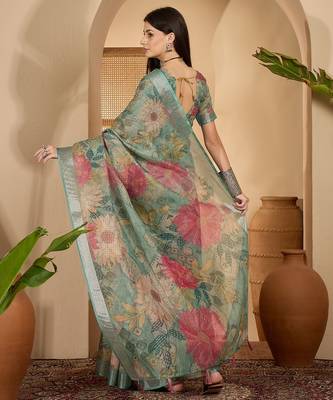 Mint green floral print linen zari saree with belt digital print zari border designer saree 5