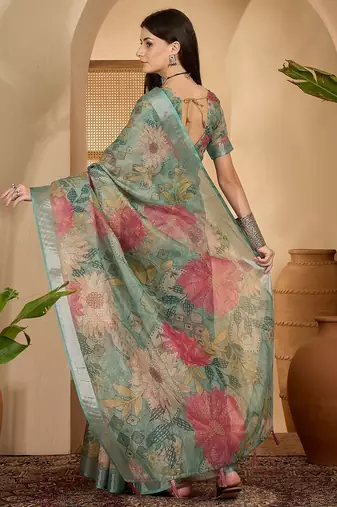 Mint green floral print linen zari saree with belt digital print zari border designer saree