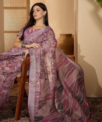 Lavender floral print linen zari saree with belt digital print zari border designer saree 2