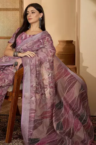 Lavender floral print linen zari saree with belt digital print zari border designer saree