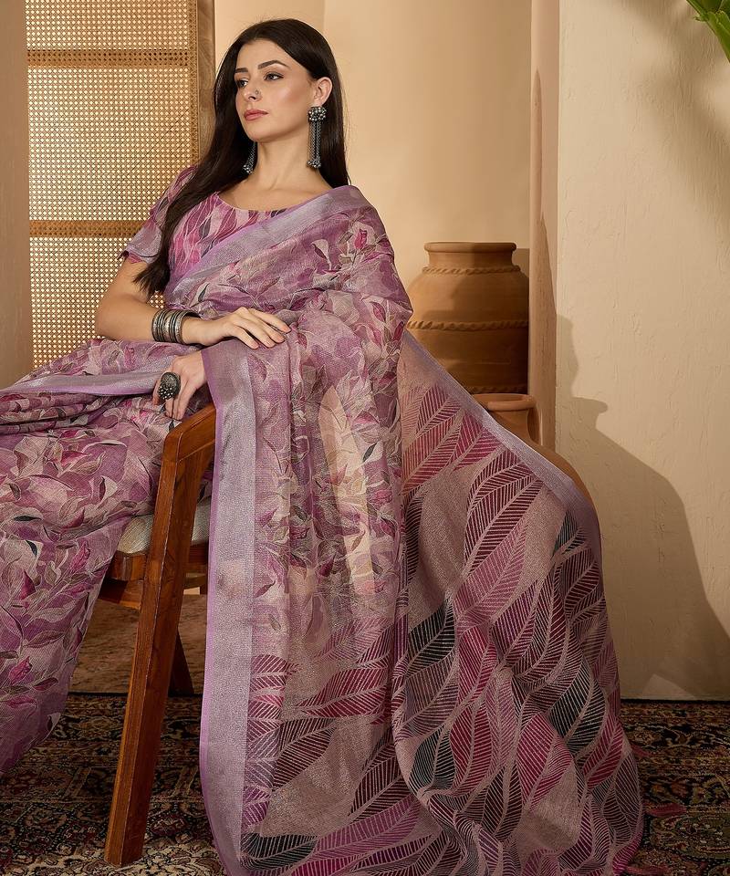 Lavender floral print linen zari saree with belt digital print zari border designer saree