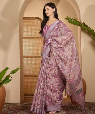 Lavender floral print linen zari saree with belt digital print zari border designer saree 3