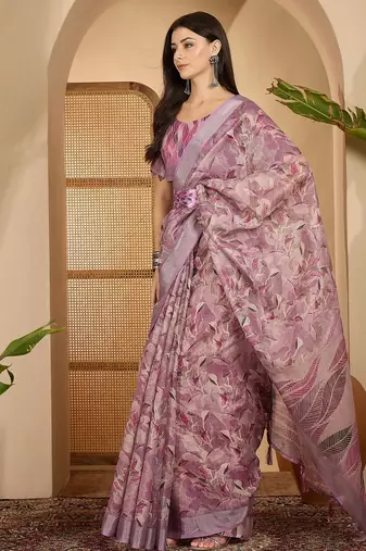 Lavender floral print linen zari saree with belt digital print zari border designer saree