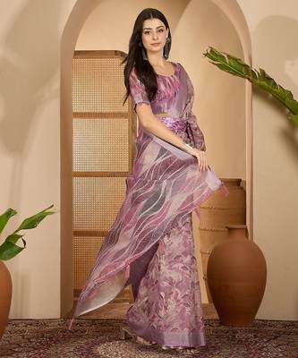 Lavender floral print linen zari saree with belt digital print zari border designer saree 4