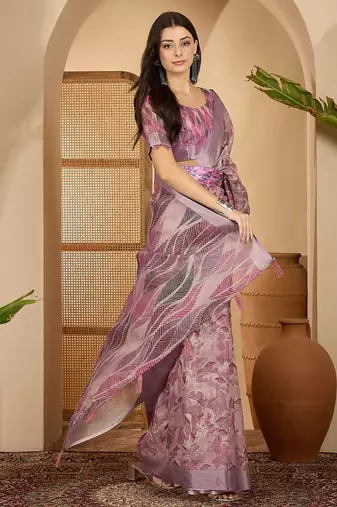 Lavender floral print linen zari saree with belt digital print zari border designer saree