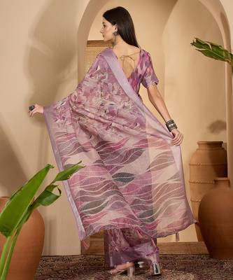 Lavender floral print linen zari saree with belt digital print zari border designer saree 5
