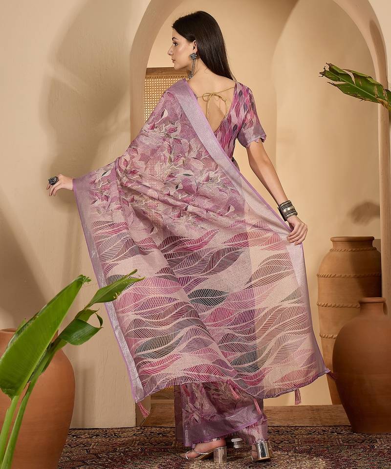 Lavender floral print linen zari saree with belt digital print zari border designer saree