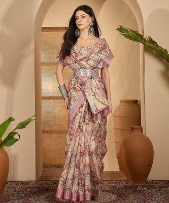 Beige pink floral print linen zari saree with belt digital print zari border festive party saree 1