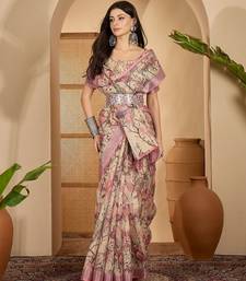 Beige pink floral print linen zari saree with belt digital print zari border festive party saree