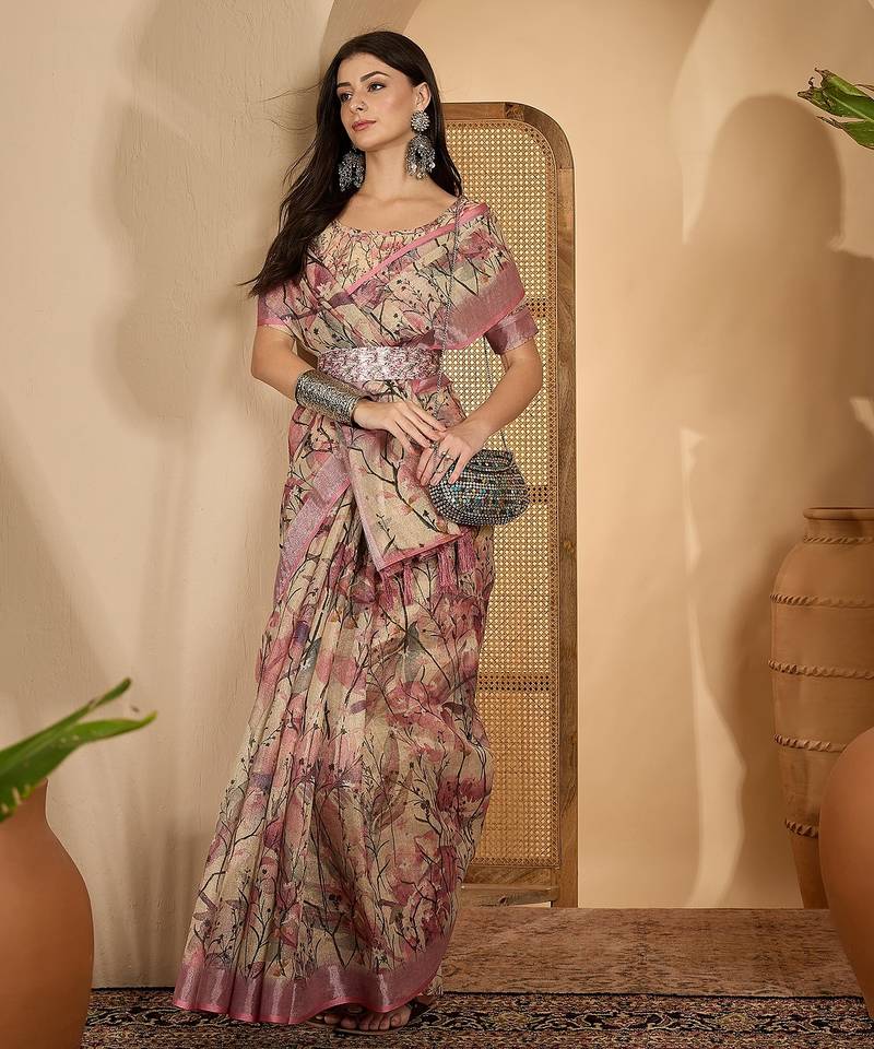 Beige pink floral print linen zari saree with belt digital print zari border festive party saree