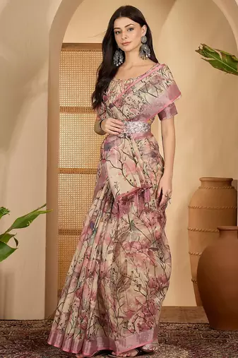 Beige pink floral print linen zari saree with belt digital print zari border festive party saree
