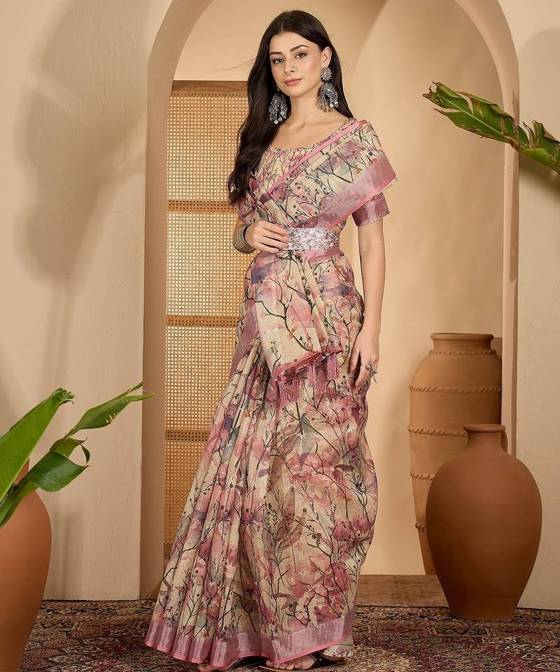 Beige pink floral print linen zari saree with belt digital print zari border festive party saree