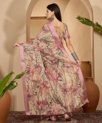 Beige pink floral print linen zari saree with belt digital print zari border festive party saree 5