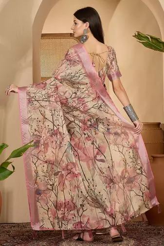 Beige pink floral print linen zari saree with belt digital print zari border festive party saree