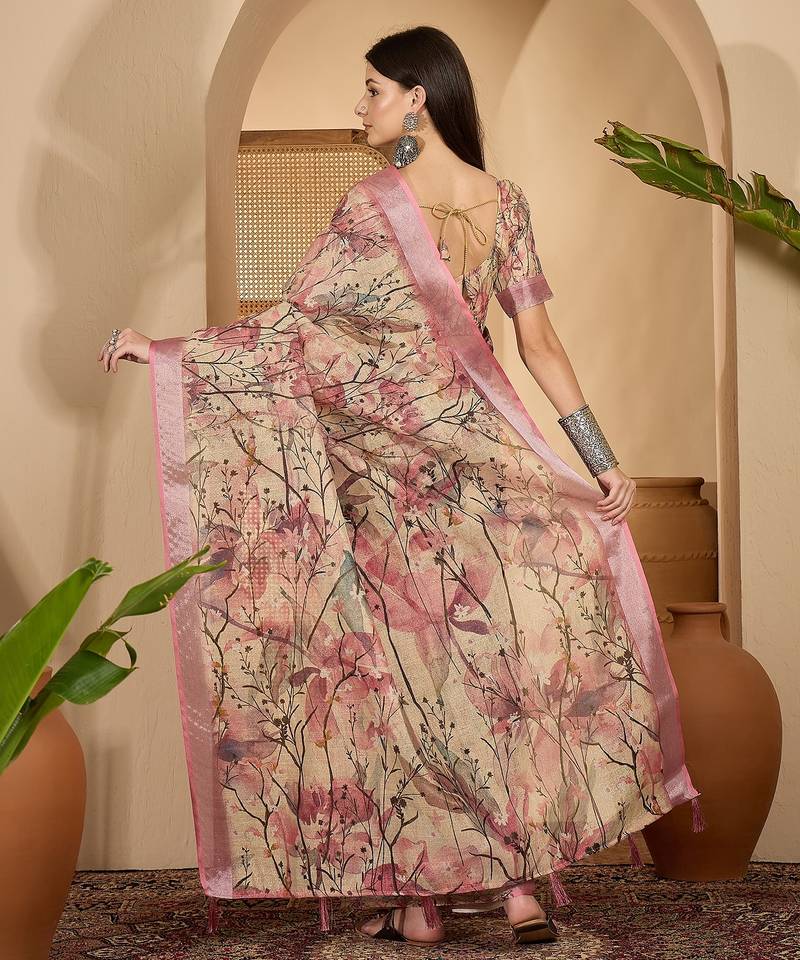 Beige pink floral print linen zari saree with belt digital print zari border festive party saree