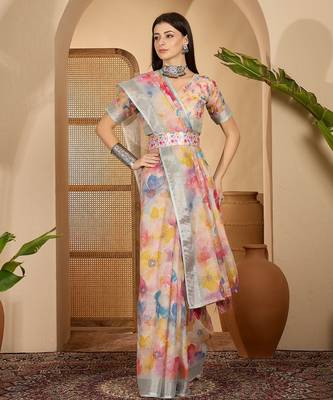 Multicolor butterfly print linen zari saree with belt digital print zari border party wear saree 1