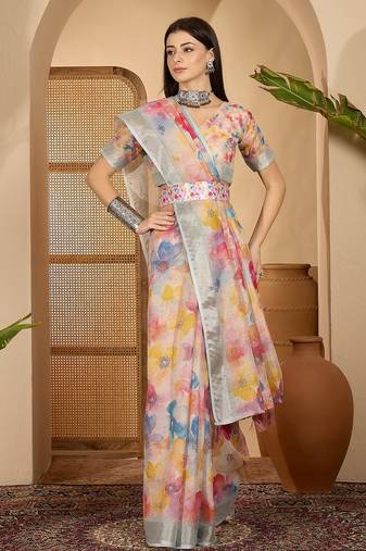 Multicolor butterfly print linen zari saree with belt digital print zari border party wear saree