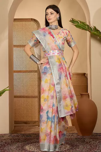 Multicolor butterfly print linen zari saree with belt digital print zari border party wear saree
