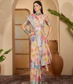 Multicolor butterfly print linen zari saree with belt digital print zari border party wear saree