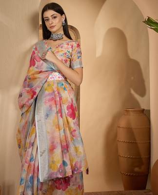 Multicolor butterfly print linen zari saree with belt digital print zari border party wear saree 2