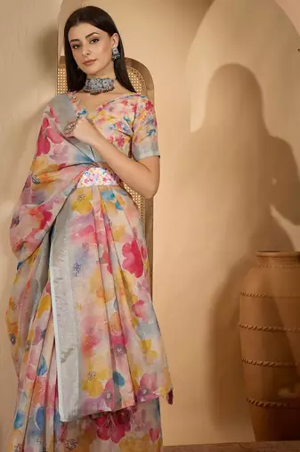 Multicolor butterfly print linen zari saree with belt digital print zari border party wear saree