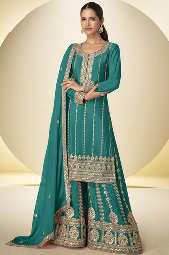 Turquoise embroidered chinon silk plazzo suit