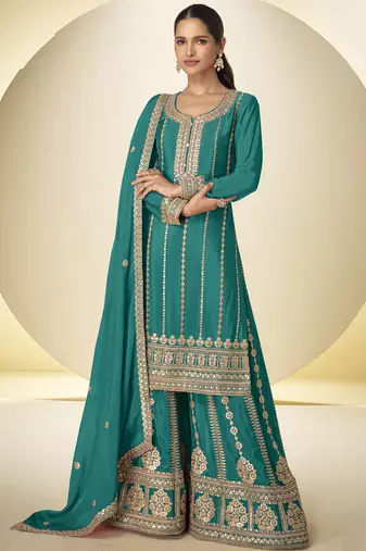 Turquoise embroidered chinon silk plazzo suit