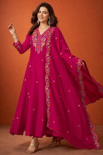 Women's Beautiful Embroidery Work Vichitra Silk Fabric Flared Kurta Pant and Dupatta Set