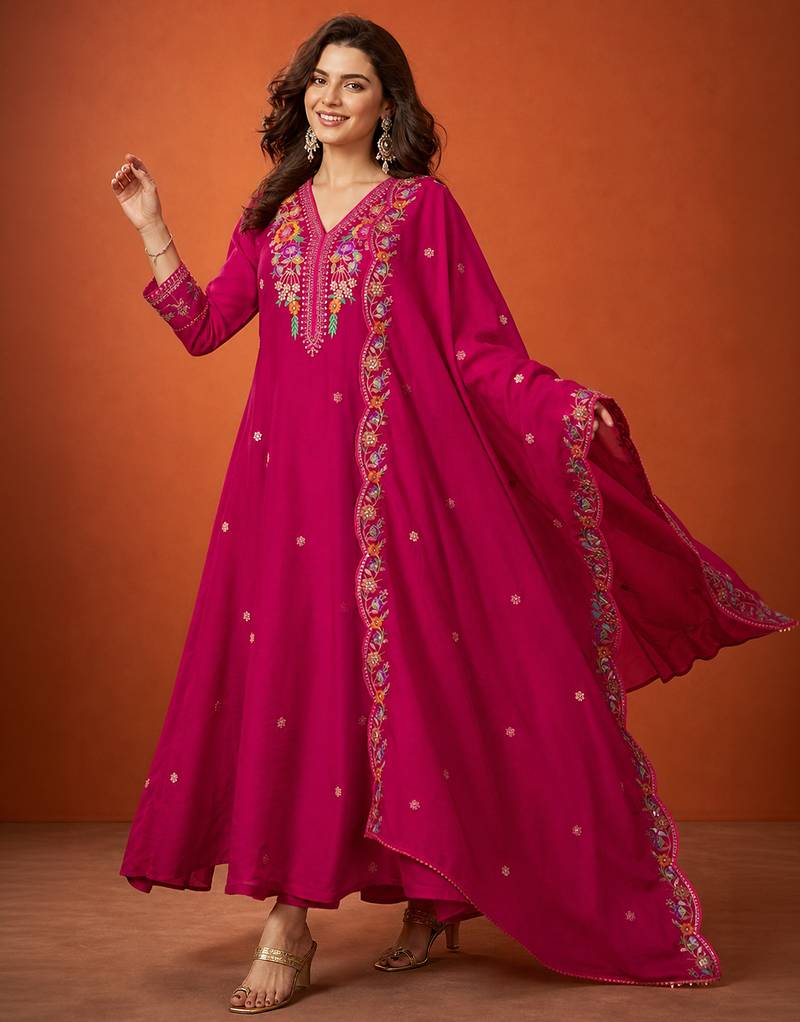 Women's Beautiful Embroidery Work Vichitra Silk Fabric Flared Kurta Pant and Dupatta Set
