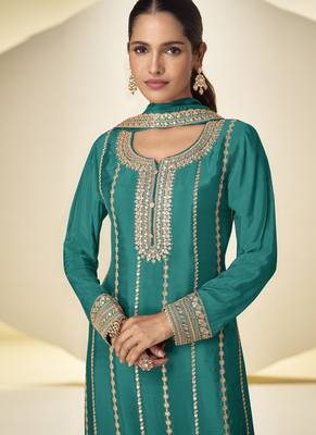 Turquoise embroidered chinon silk plazzo suit 2