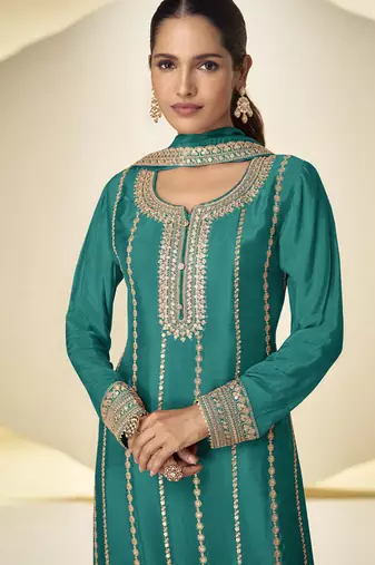 Turquoise embroidered chinon silk plazzo suit