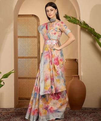 Multicolor butterfly print linen zari saree with belt digital print zari border party wear saree 3