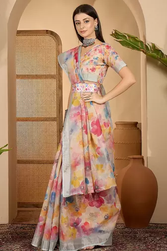 Multicolor butterfly print linen zari saree with belt digital print zari border party wear saree