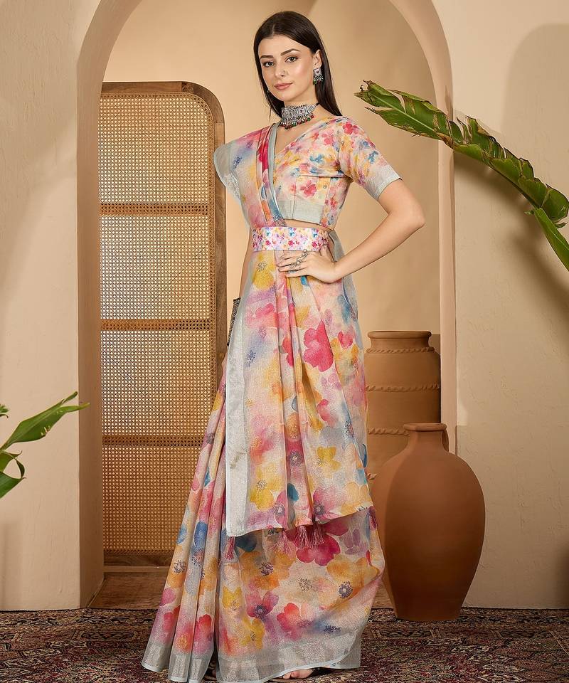 Multicolor butterfly print linen zari saree with belt digital print zari border party wear saree