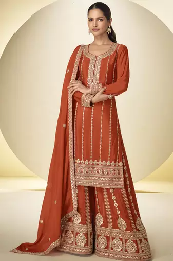 Orange embroidered chinon silk salwar suit