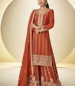 Orange embroidered chinon silk salwar suit