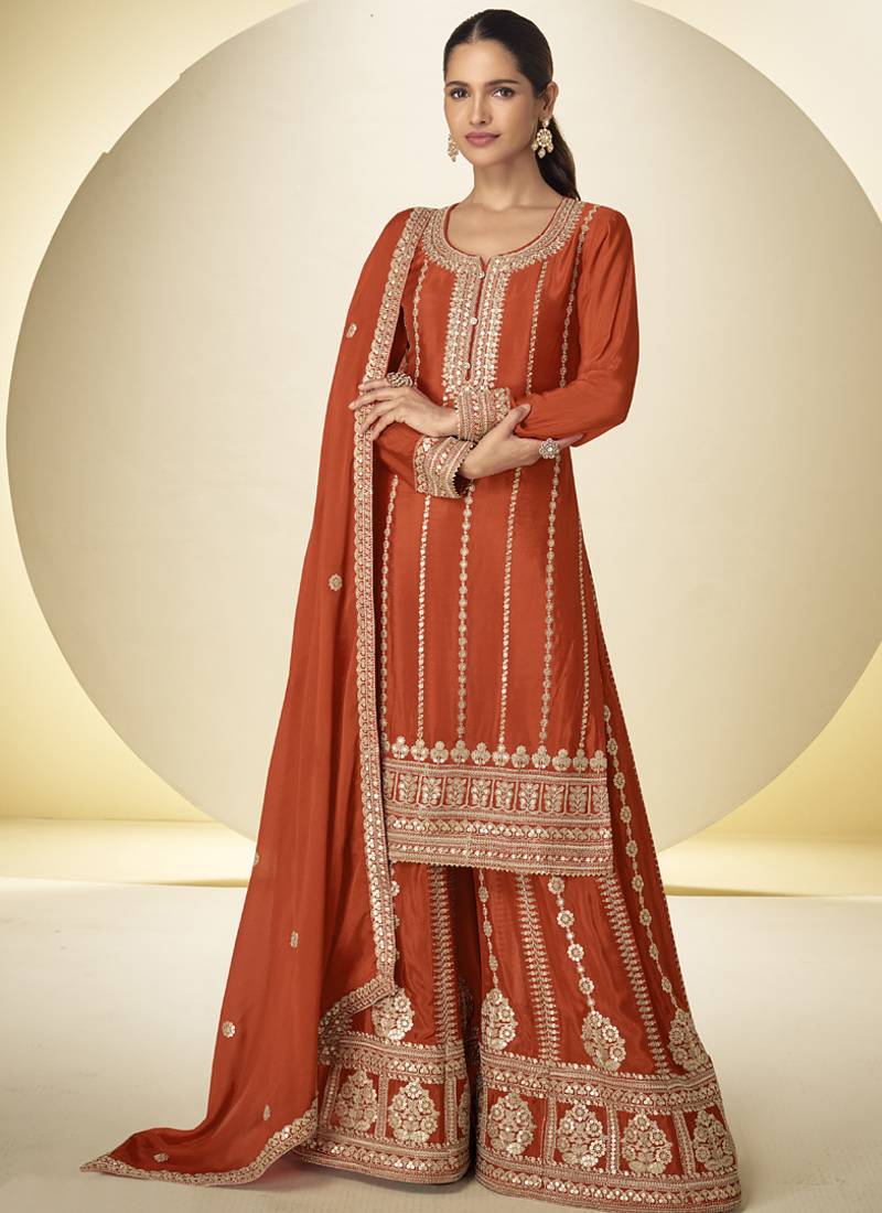 Orange embroidered chinon silk salwar suit