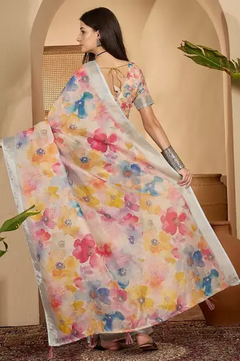 Multicolor butterfly print linen zari saree with belt digital print zari border party wear saree