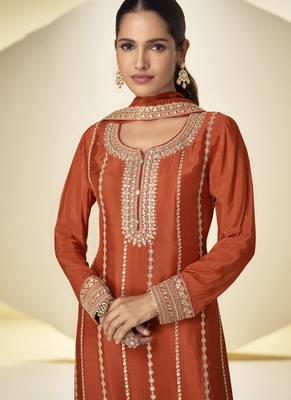 Orange embroidered chinon silk salwar suit 2