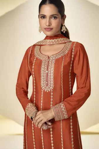 Orange embroidered chinon silk salwar suit