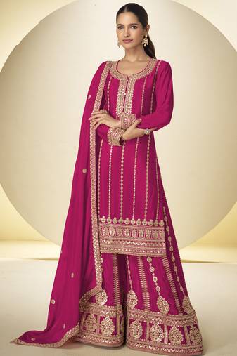 Pink embroidered chinon silk salwar suit