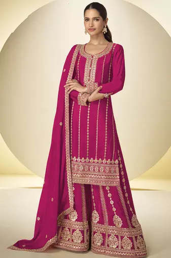 Pink embroidered chinon silk salwar suit
