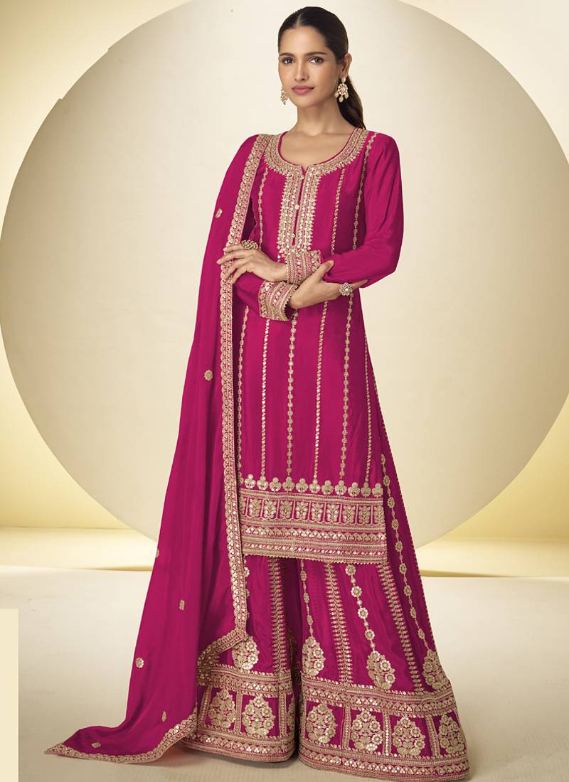 Pink embroidered chinon silk salwar suit
