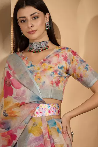 Multicolor butterfly print linen zari saree with belt digital print zari border party wear saree