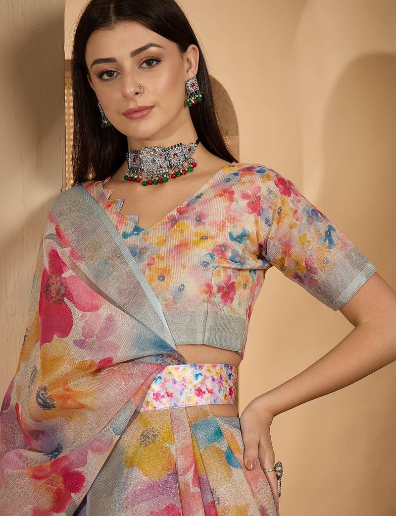 Multicolor butterfly print linen zari saree with belt digital print zari border party wear saree